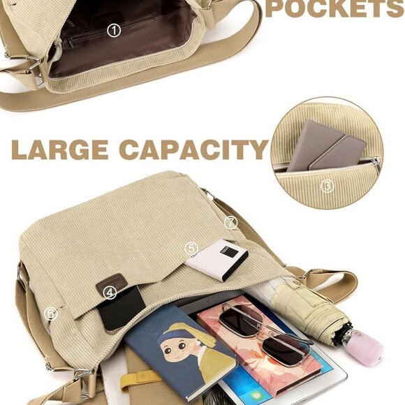 Corduroy Tote Bag Women's Convertible Backpack Purse Crossbody Shoulder - Picture 6 of 7